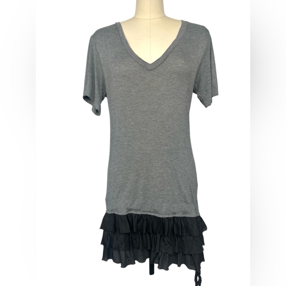 Y2K Young Fabulous & Broke Sz M Mini Dress Tunic Top Grey T-shirt Silk Ruffle - Picture 3 of 16
